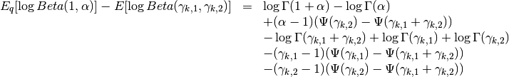 \begin{array}{rcl}
E_q[\log Beta(1,\alpha)] - E[\log Beta(\gamma_{k,1},\gamma_{k,2})]
&=&
\log \Gamma(1+\alpha) - \log \Gamma(\alpha) \\ &&
+(\alpha-1)(\Psi(\gamma_{k,2})-\Psi(\gamma_{k,1}+\gamma_{k,2})) \\ &&
- \log \Gamma(\gamma_{k,1}+\gamma_{k,2}) + \log \Gamma(\gamma_{k,1}) +
\log \Gamma(\gamma_{k,2}) \\ &&
-
(\gamma_{k,1}-1)(\Psi(\gamma_{k,1})-\Psi(\gamma_{k,1}+\gamma_{k,2}))
\\ &&
-
(\gamma_{k,2}-1)(\Psi(\gamma_{k,2})-\Psi(\gamma_{k,1}+\gamma_{k,2}))
\end{array}