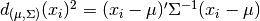 d_{(\mu,\Sigma)}(x_i)^2 = (x_i -
\mu)'\Sigma^{-1}(x_i - \mu)