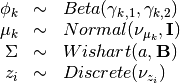 \begin{array}{rcl}
\phi_k   &\sim& Beta(\gamma_{k,1}, \gamma_{k,2}) \\
\mu_k   &\sim& Normal(\nu_{\mu_k},  \mathbf{I}) \\
\Sigma &\sim& Wishart(a, \mathbf{B}) \\
z_{i}     &\sim& Discrete(\nu_{z_i}) \\
\end{array}