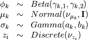 \begin{array}{rcl}
\phi_k   &\sim& Beta(\gamma_{k,1}, \gamma_{k,2}) \\
\mu_k   &\sim& Normal(\nu_{\mu_k},  \mathbf{I}) \\
\sigma_k &\sim& Gamma(a_{k}, b_{k}) \\
z_{i}     &\sim& Discrete(\nu_{z_i}) \\
\end{array}