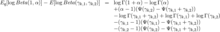 \begin{array}{rcl}
E_q[\log Beta(1,\alpha)] - E[\log Beta(\gamma_{k,1},\gamma_{k,2})]
&=&
\log \Gamma(1+\alpha) - \log \Gamma(\alpha) \\ &&
+(\alpha-1)(\Psi(\gamma_{k,2})-\Psi(\gamma_{k,1}+\gamma_{k,2})) \\ &&
- \log \Gamma(\gamma_{k,1}+\gamma_{k,2}) + \log \Gamma(\gamma_{k,1}) +
\log \Gamma(\gamma_{k,2}) \\ &&
-
(\gamma_{k,1}-1)(\Psi(\gamma_{k,1})-\Psi(\gamma_{k,1}+\gamma_{k,2}))
\\ &&
-
(\gamma_{k,2}-1)(\Psi(\gamma_{k,2})-\Psi(\gamma_{k,1}+\gamma_{k,2}))
\end{array}
