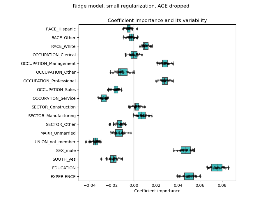 Ridge model, small regularization, AGE dropped, Coefficient importance and its variability