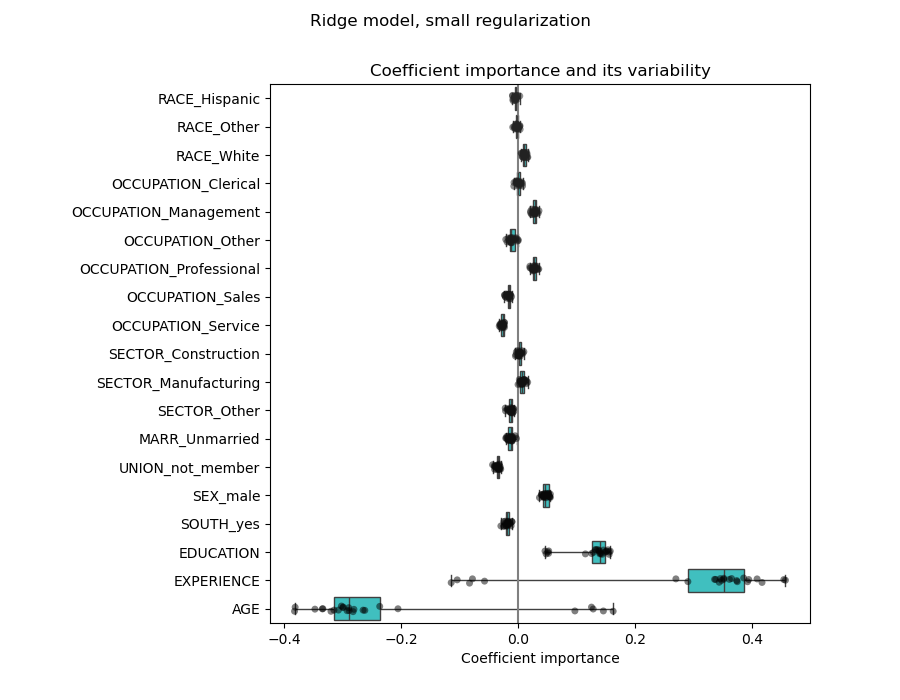 Ridge model, small regularization, Coefficient importance and its variability