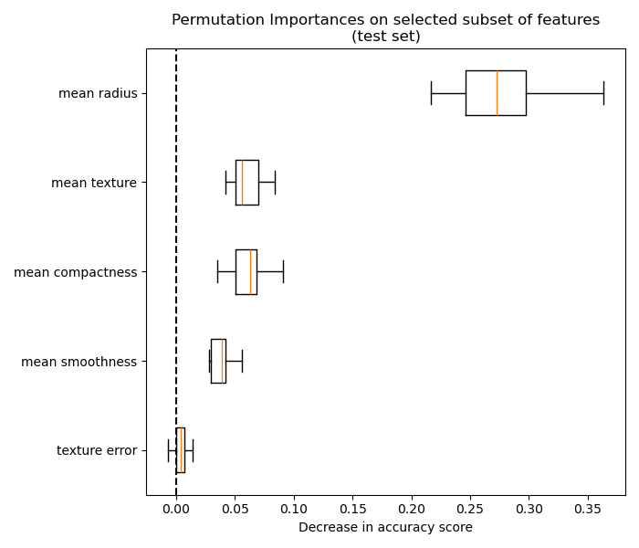 Permutation Importances on selected subset of features (test set)